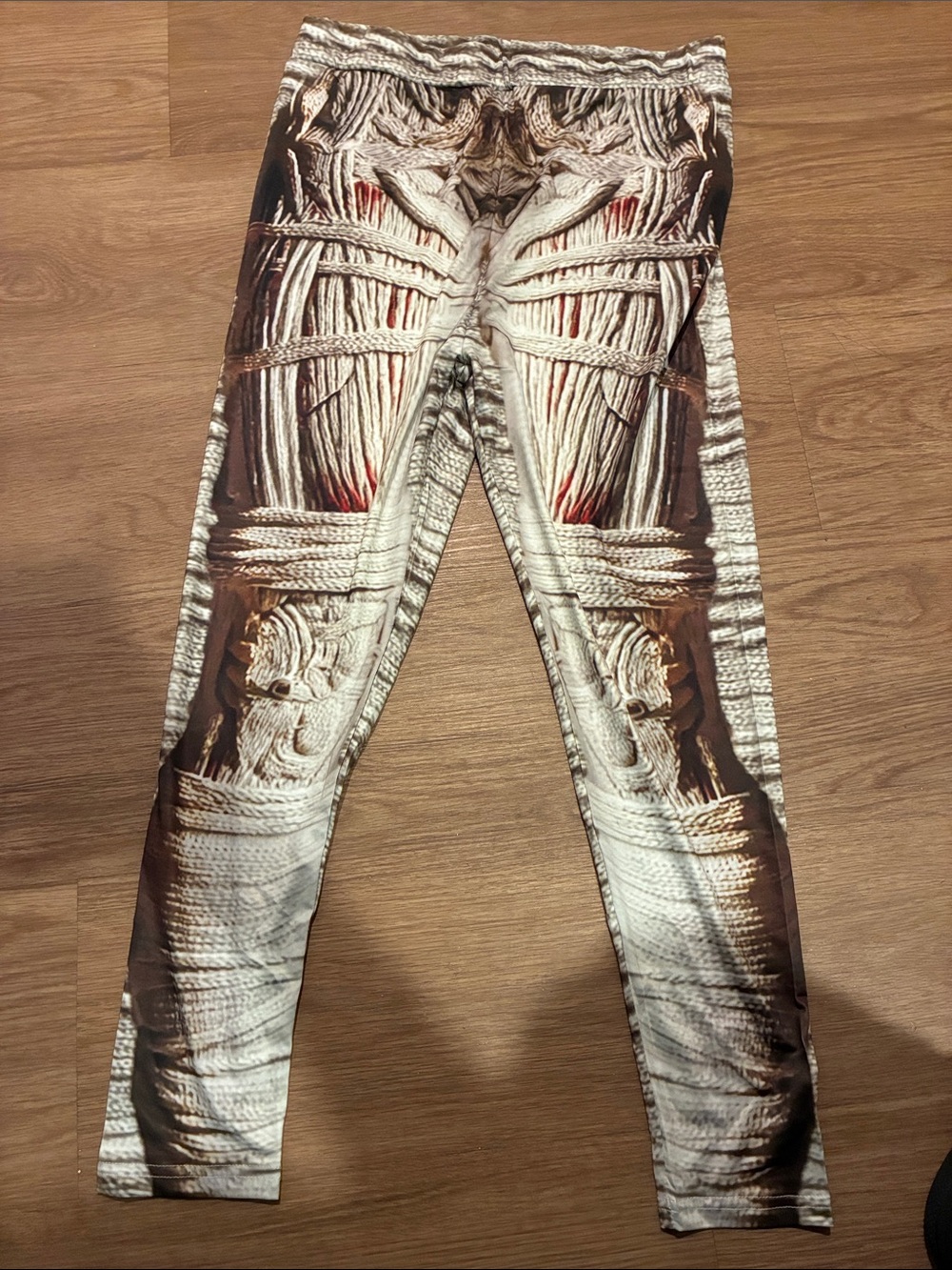 Knit-Texture Print Stretch Leggings in Beige & Brown